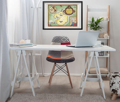 Byrd Antarctic Expedition 1930s Map print framed above a white desk in a home office