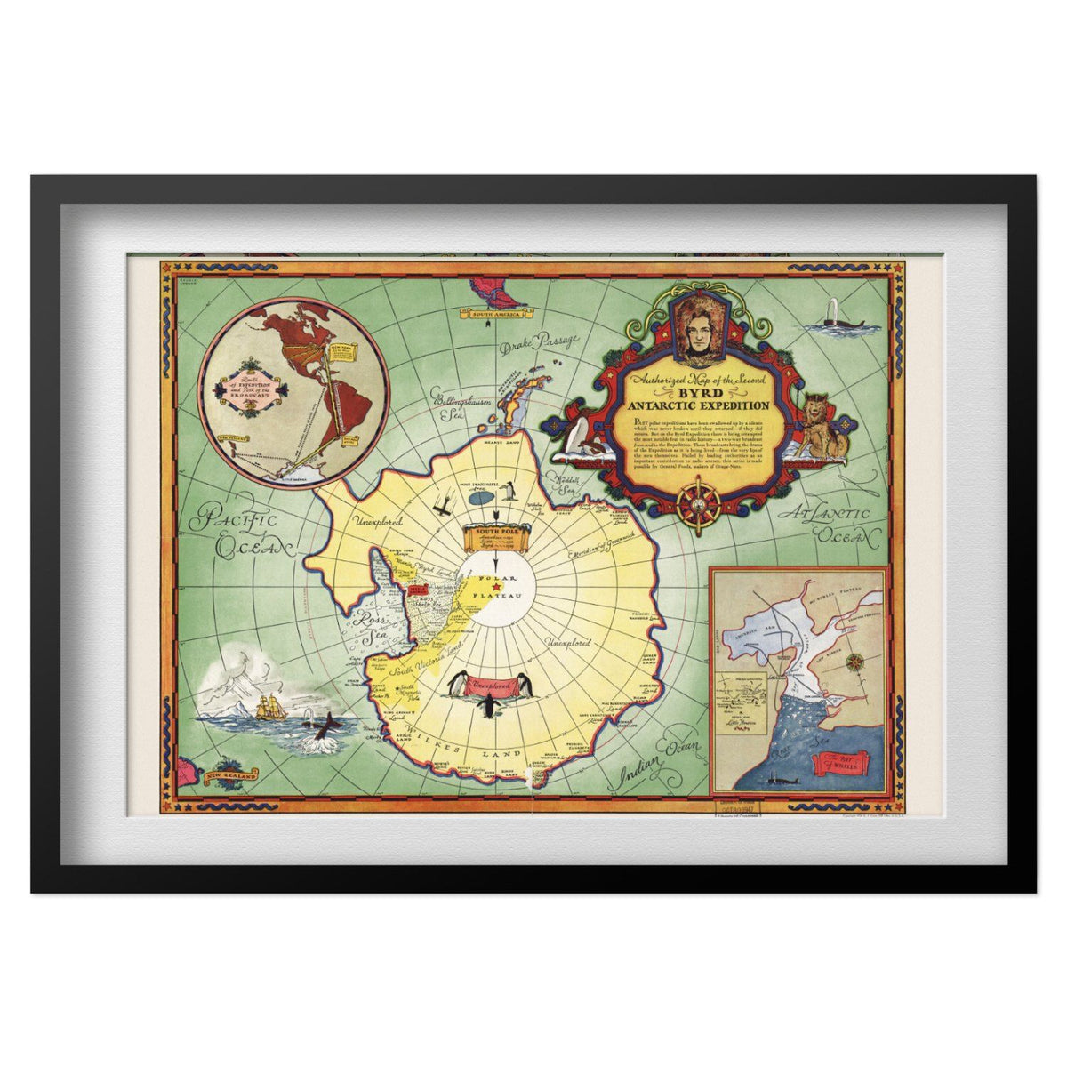 Byrd Antarctic Expedition 1930s Map print in a black frame with a white mat