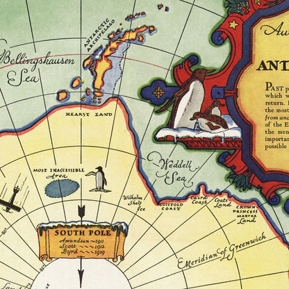 Close-up detail of the Byrd Antarctic Expedition 1930s Map