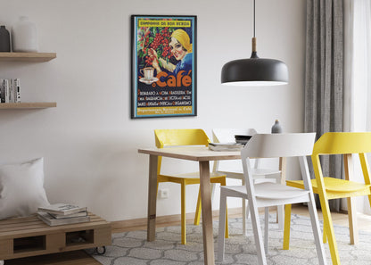 Cafe Brazilian Coffee poster framed above a dining table