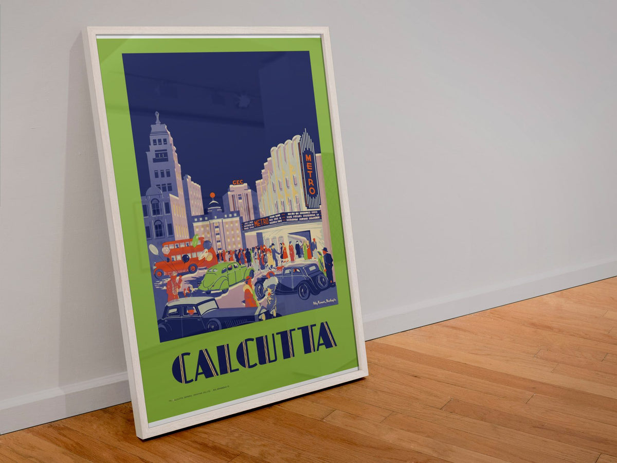 Calcutta by Night poster in a white frame leaning against a wall