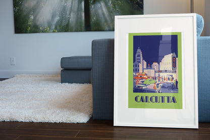 Calcutta by Night poster leaning beside a blue sofa