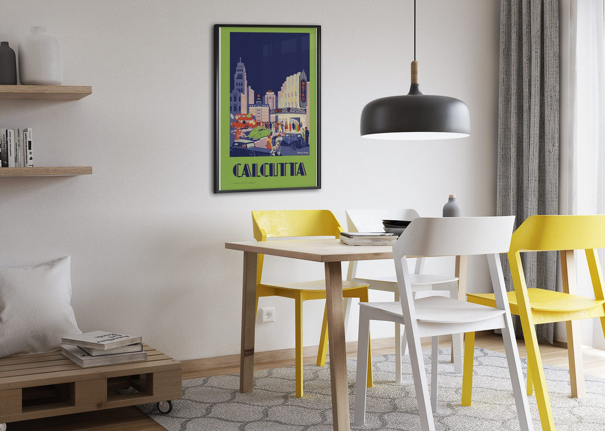 Calcutta by Night poster framed above a dining table
