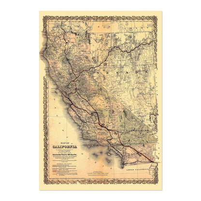 California & Nevada 1870s Railroad Map vintage print