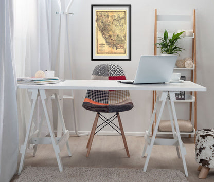 California & Nevada 1870s Railroad Map print framed above a white desk in a home office