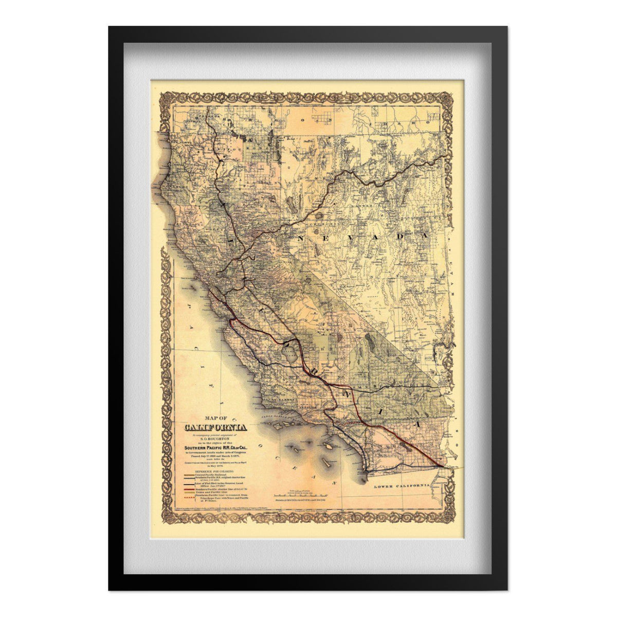 California & Nevada 1870s Railroad Map print in a black frame with a white mat