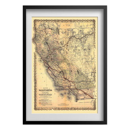 California & Nevada 1870s Railroad Map print in a black frame with a white mat