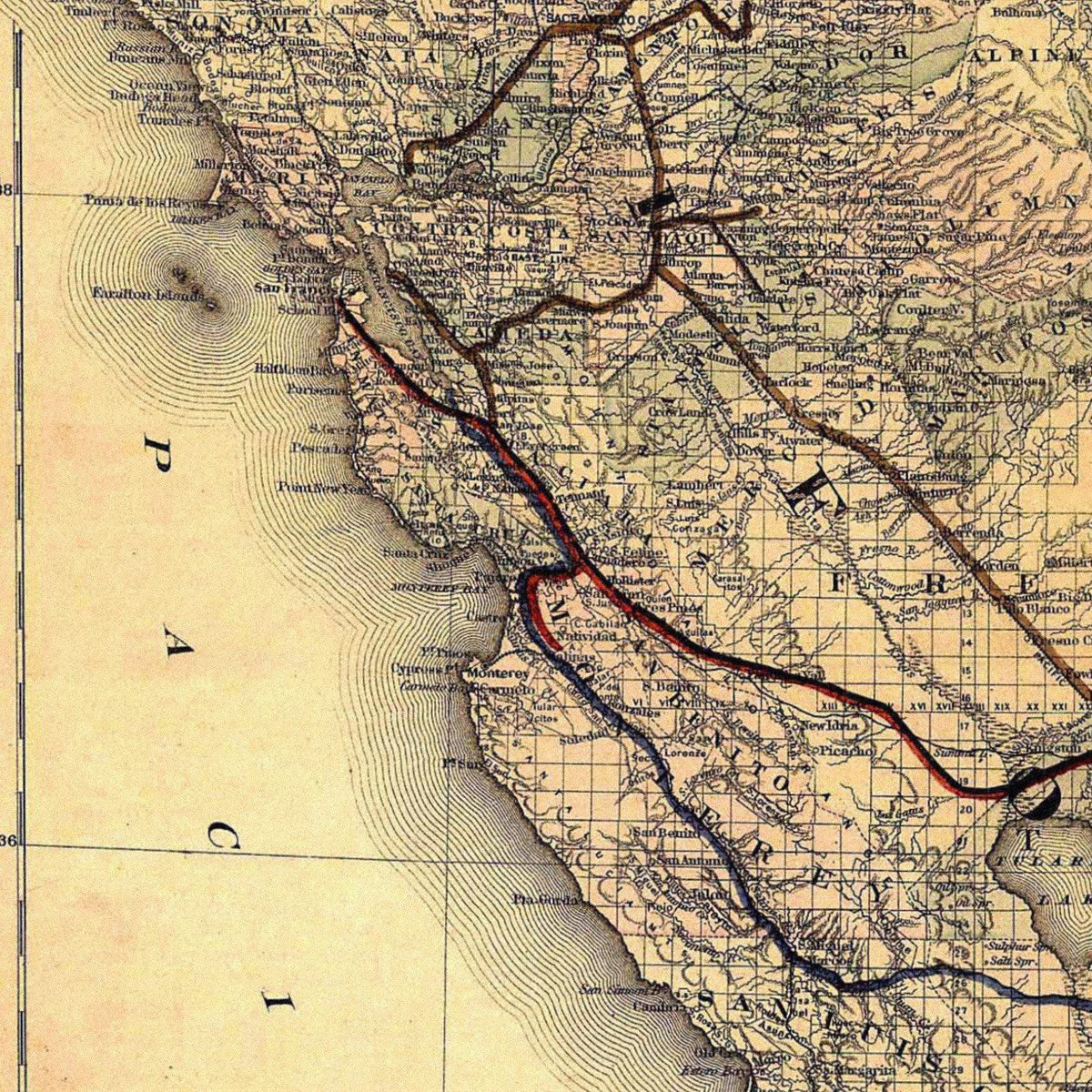 Close-up detail of the California & Nevada 1870s Railroad Map
