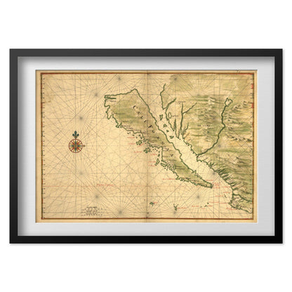 California as an Island Map print in a black frame with a white mat