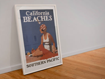 California Beaches — Southern Pacific poster in a white frame leaning against a wall