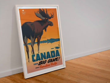 Canada for Big Game poster in a white frame leaning against a wall