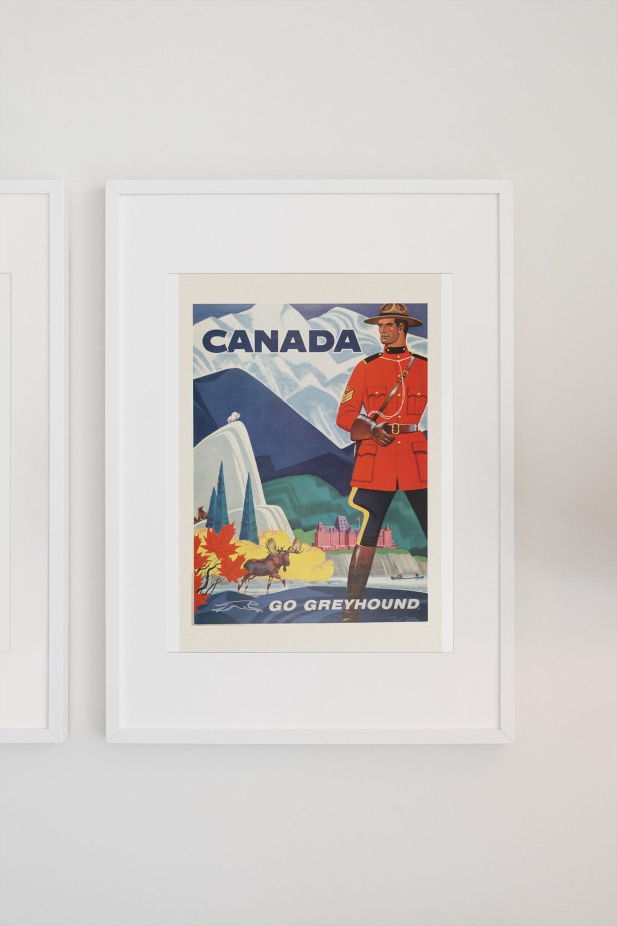 Canada Mountie Greyhound poster on a light wall
