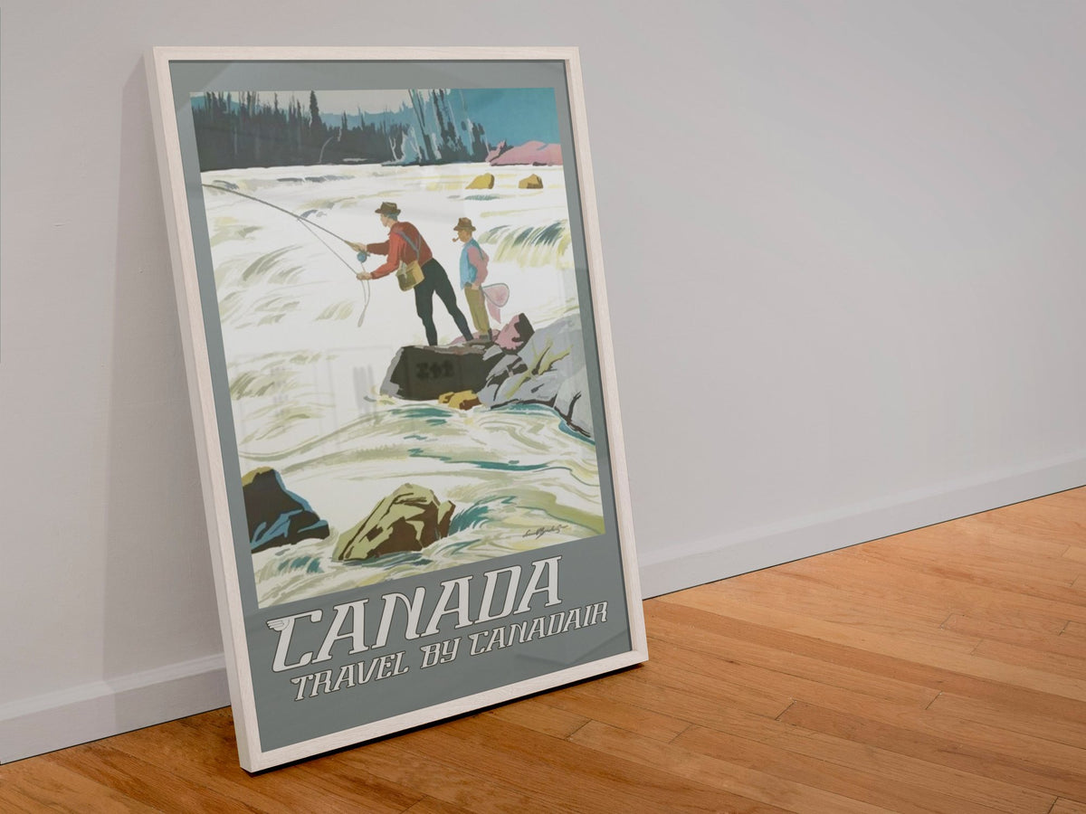 Canadian Pacific Fly Fishing poster in a white frame leaning against a wall