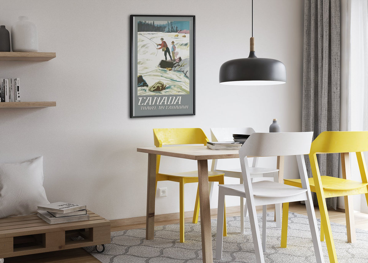 Canadian Pacific Fly Fishing poster framed above a dining table