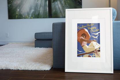 Canadian Pacific Great Lakes Cruises poster leaning beside a blue sofa