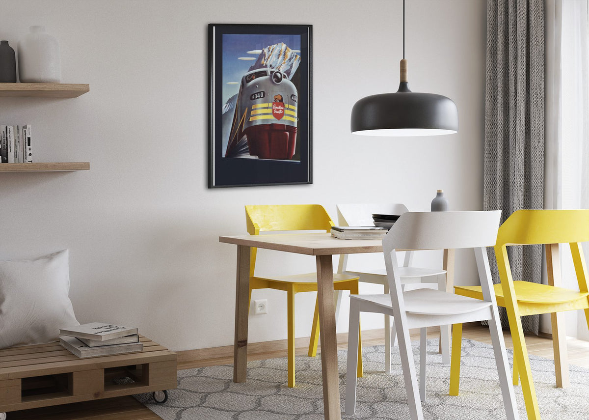 Canadian Pacific Locomotive 1950s poster framed above a dining table