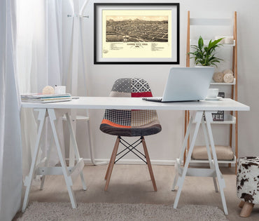 Canon City 1882 Panoramic Map framed above a white desk in a home office