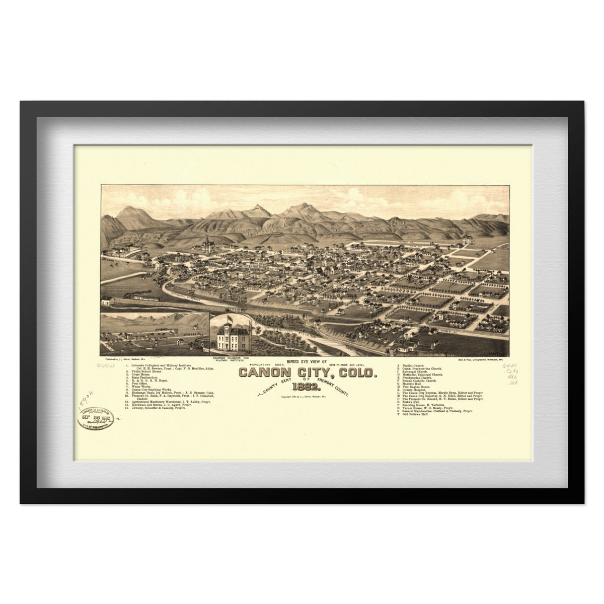 Canon City 1882 Panoramic Map print in a black frame