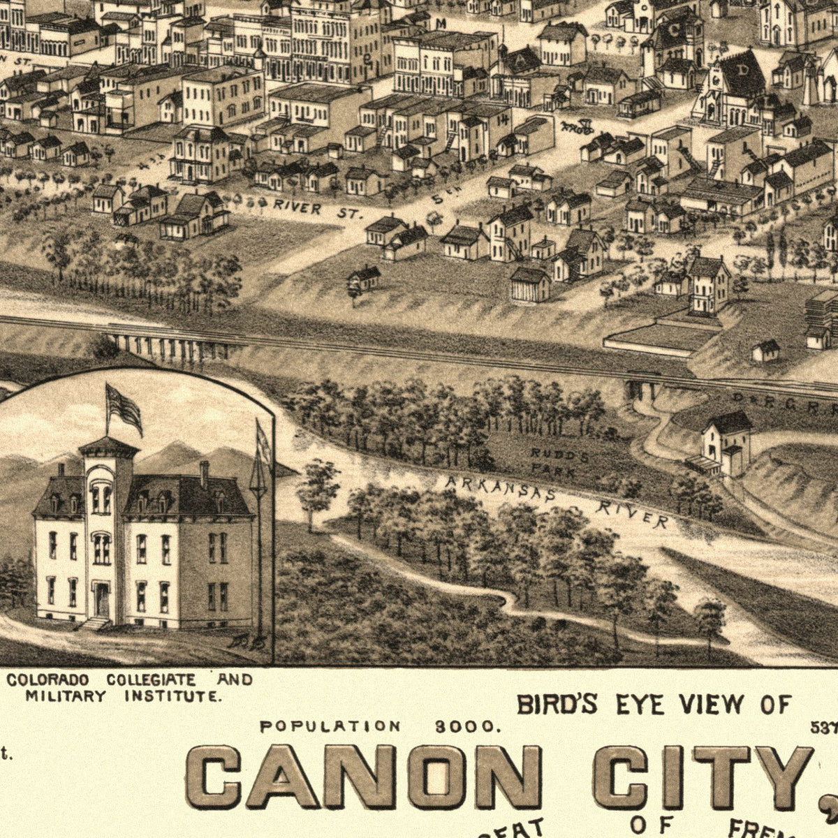 Close-up detail of the Canon City 1882 Panoramic Map print