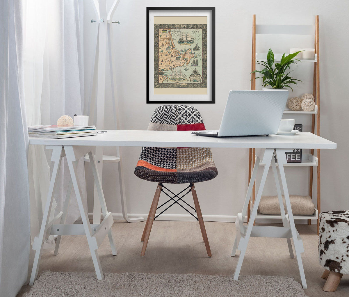 Cape Ann 1927 Map print framed above a white desk in a home office