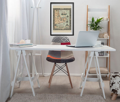 Cape Ann 1927 Map print framed above a white desk in a home office