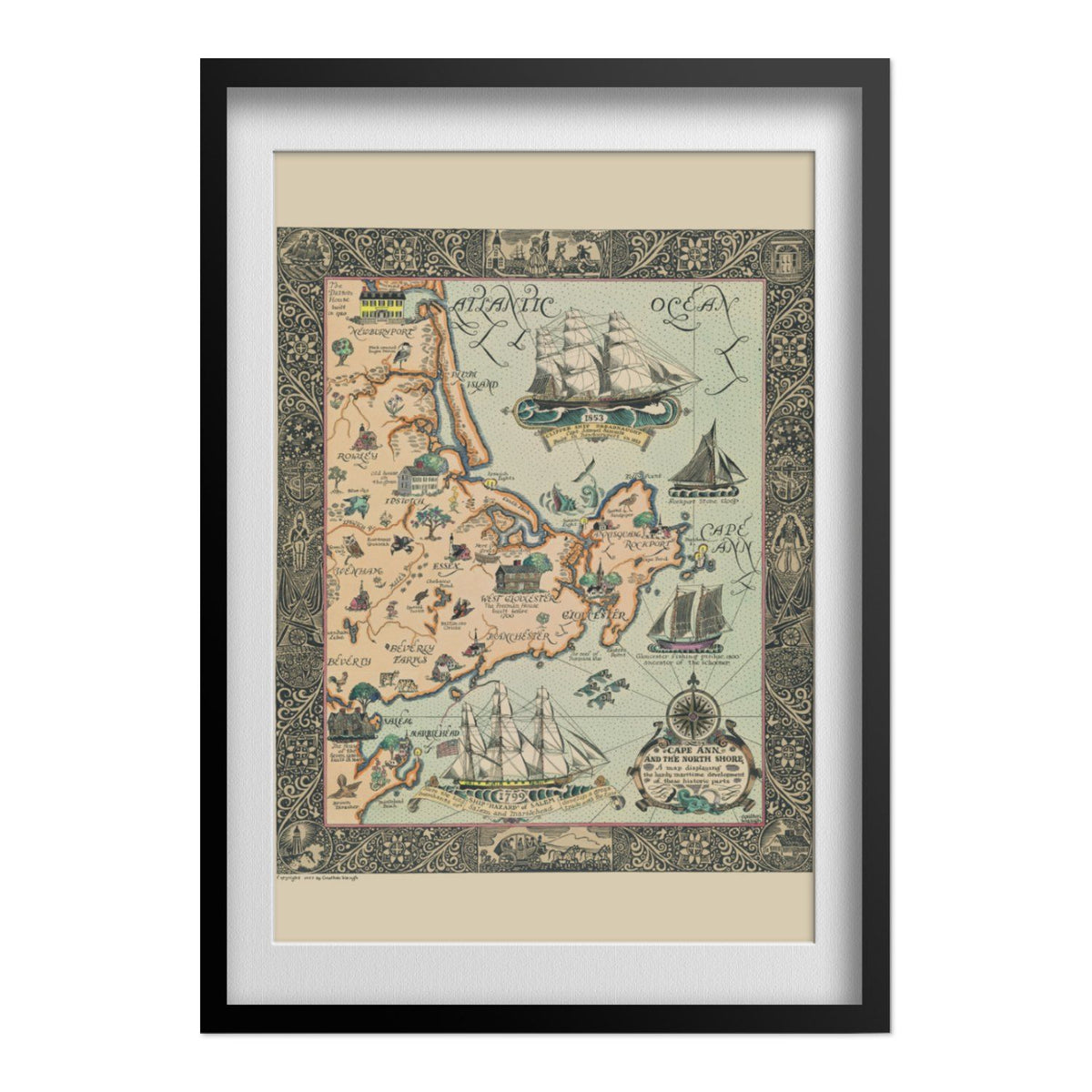 Cape Ann 1927 Map print in a black frame with a white mat