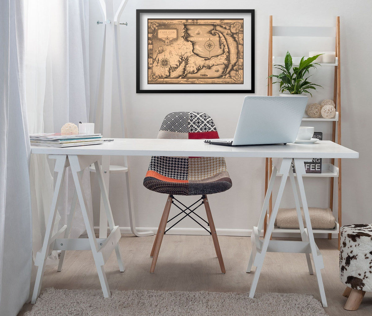 Cape Cod 1930s Map print framed above a white desk in a home office