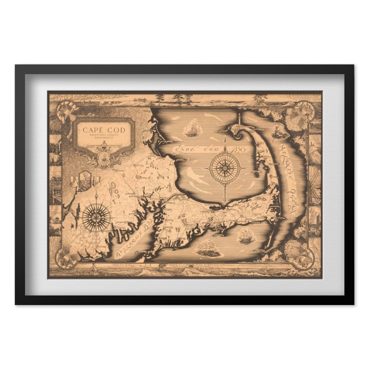 Cape Cod 1930s Map print in a black frame with a white mat