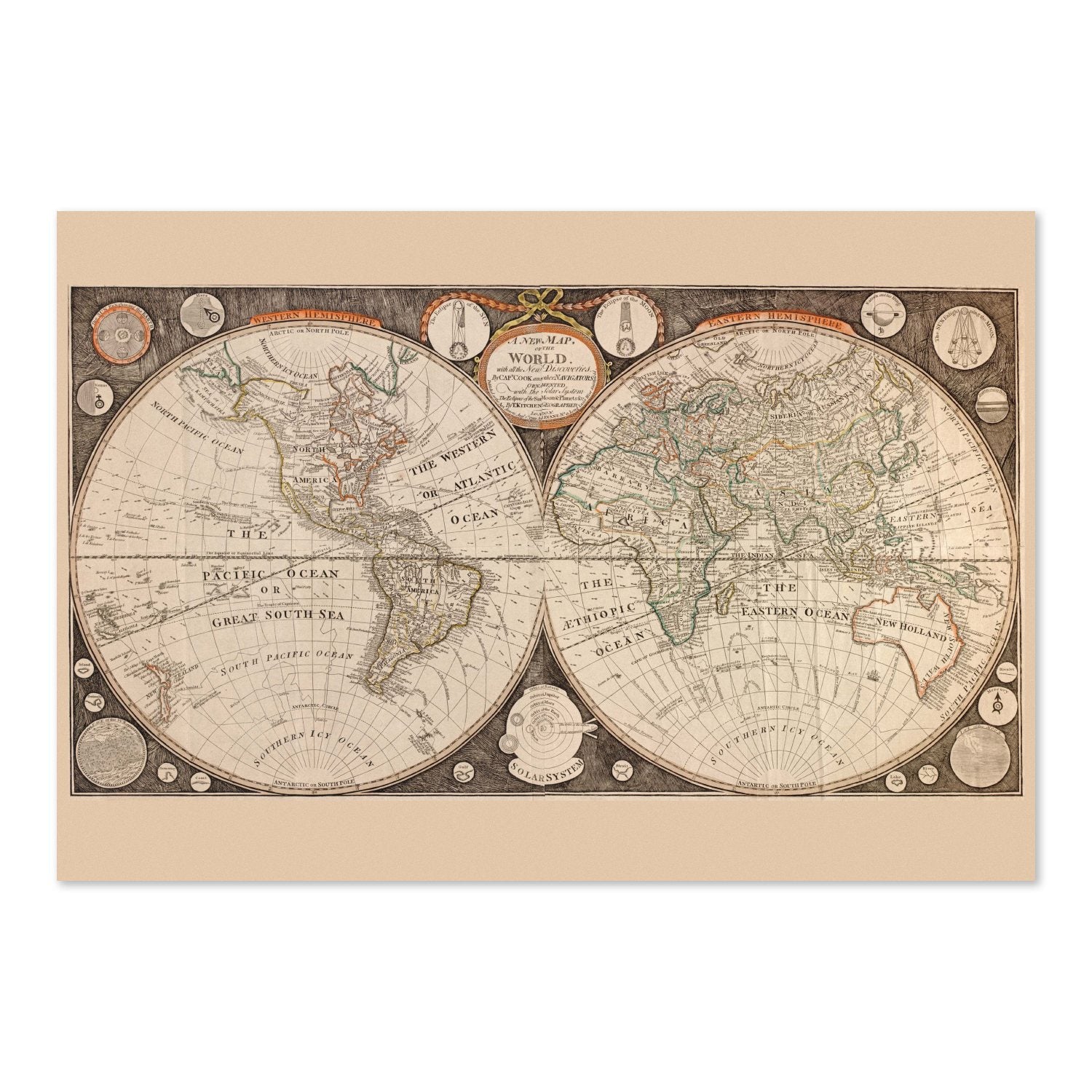 Captain Cook Discoveries 1790s World Map poster print