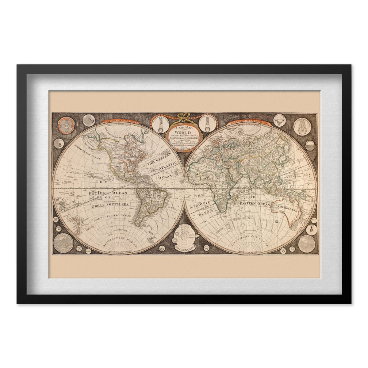 Captain Cook Discoveries 1790s World Map print in a black frame