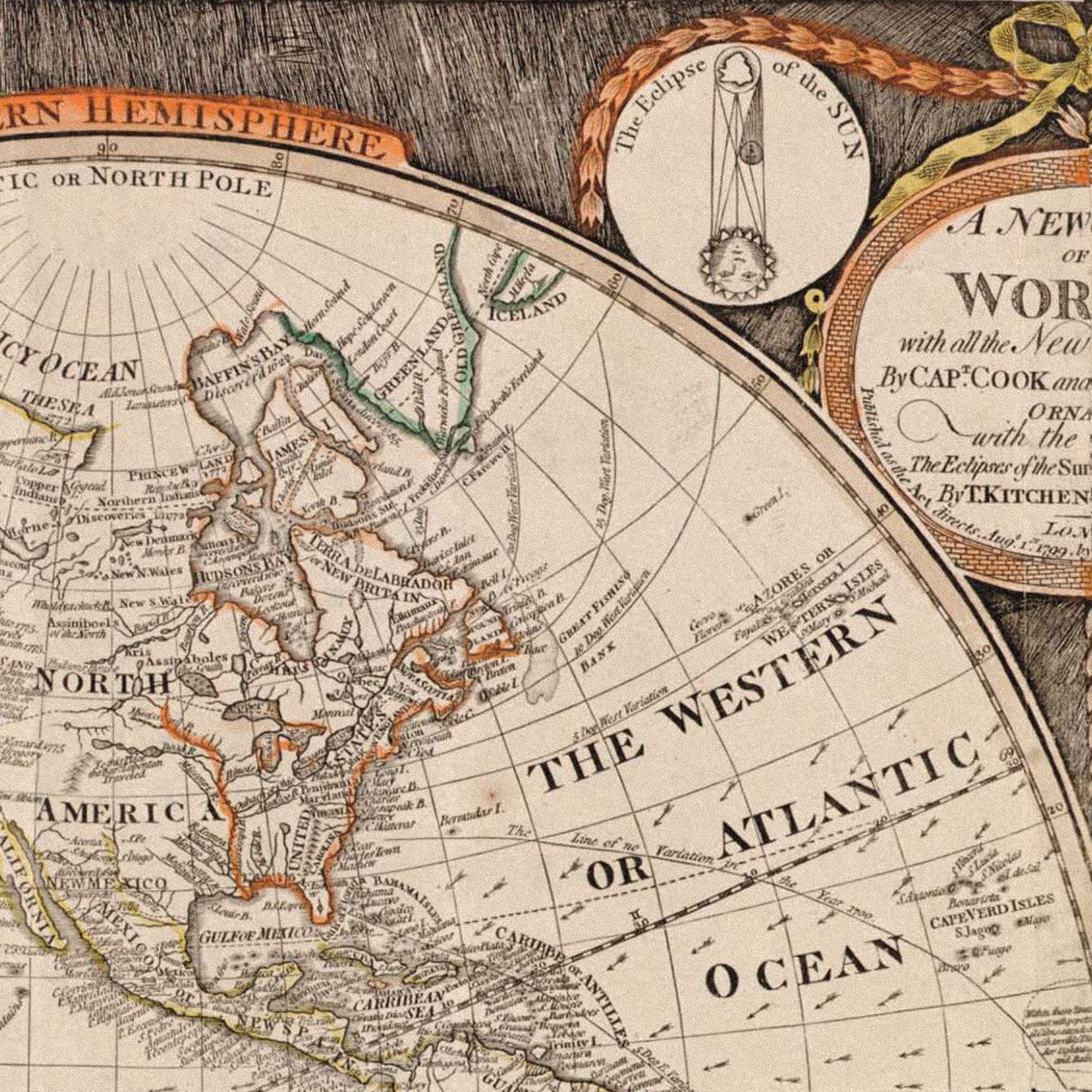 Close-up detail of the Captain Cook Discoveries 1790s World Map print