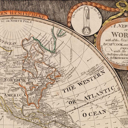 Close-up detail of the Captain Cook Discoveries 1790s World Map print