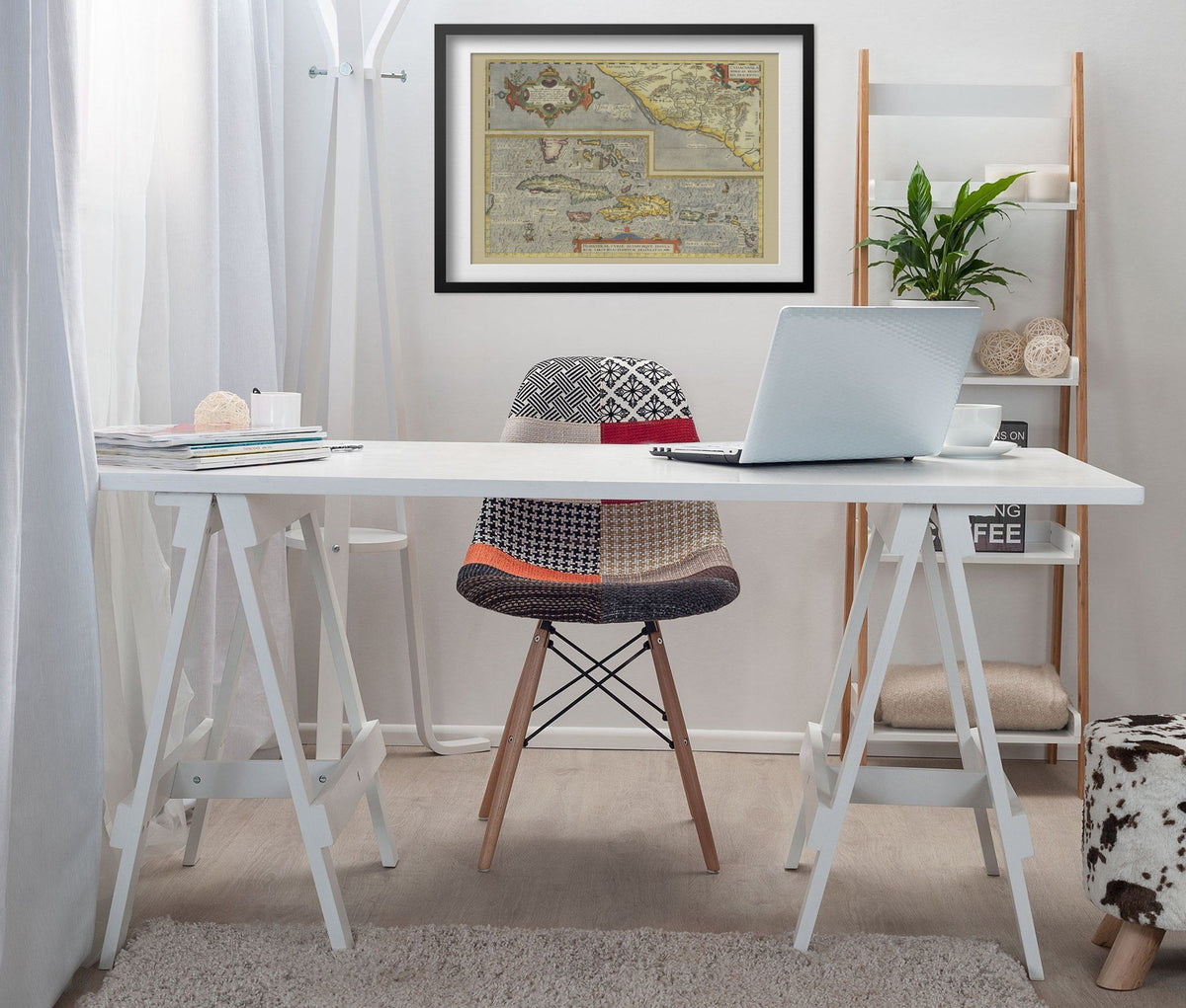 Caribbean & Cuba 1580 Map print framed above a white desk in a home office