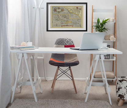 Caribbean & Cuba 1580 Map print framed above a white desk in a home office
