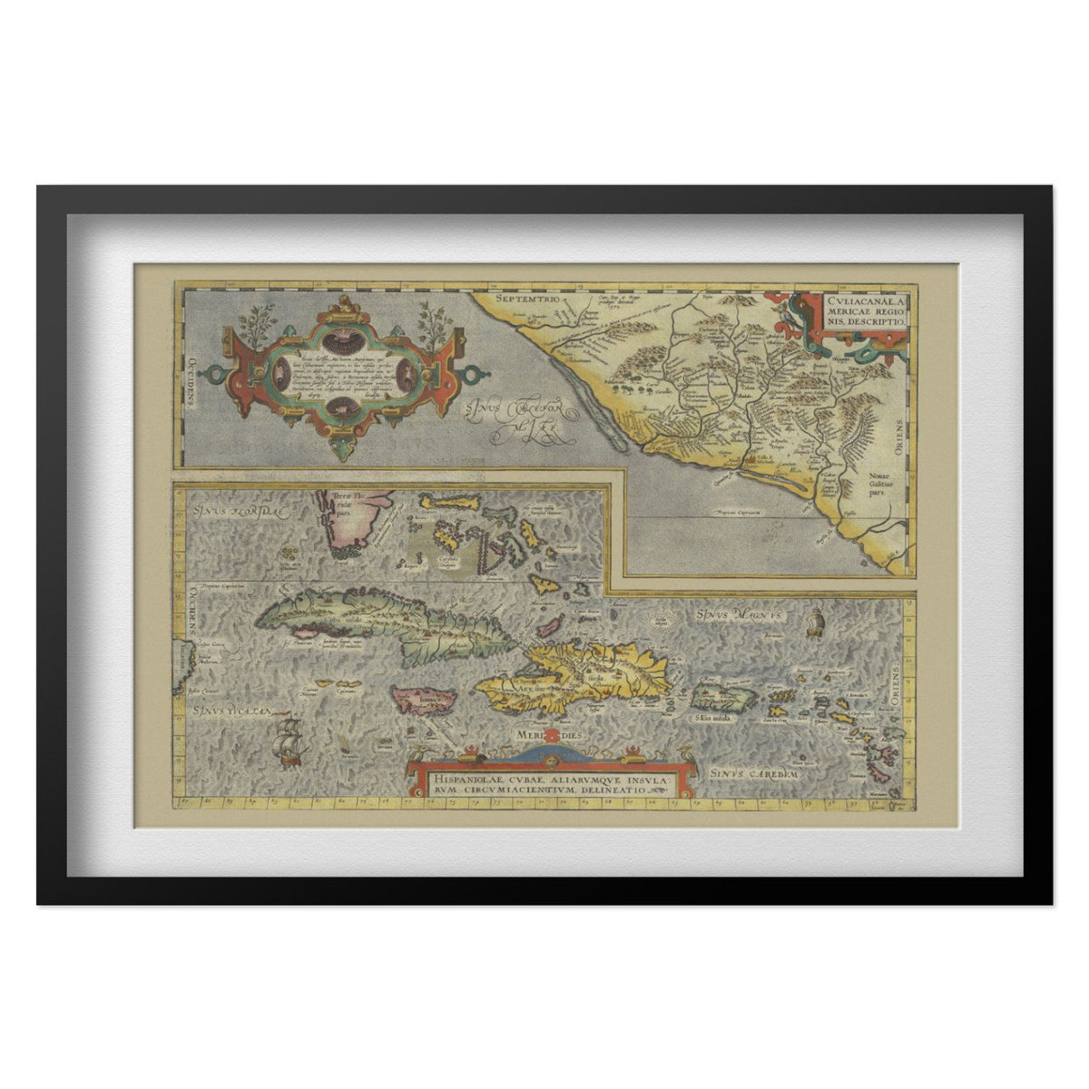 Caribbean & Cuba 1580 Map print in a black frame with a white mat