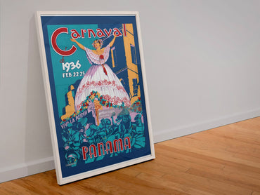 Carnaval Panama 1936 poster in a white frame leaning against a wall