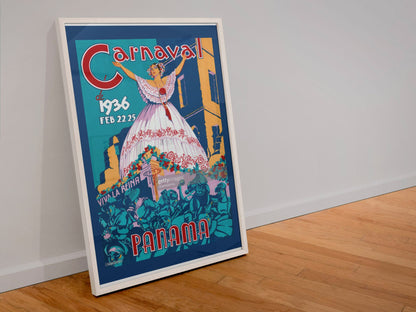 Carnaval Panama 1936 poster in a white frame leaning against a wall