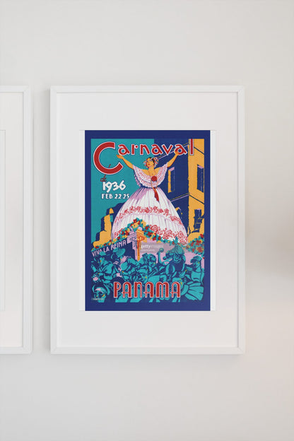 Carnaval Panama 1936 poster on a light wall