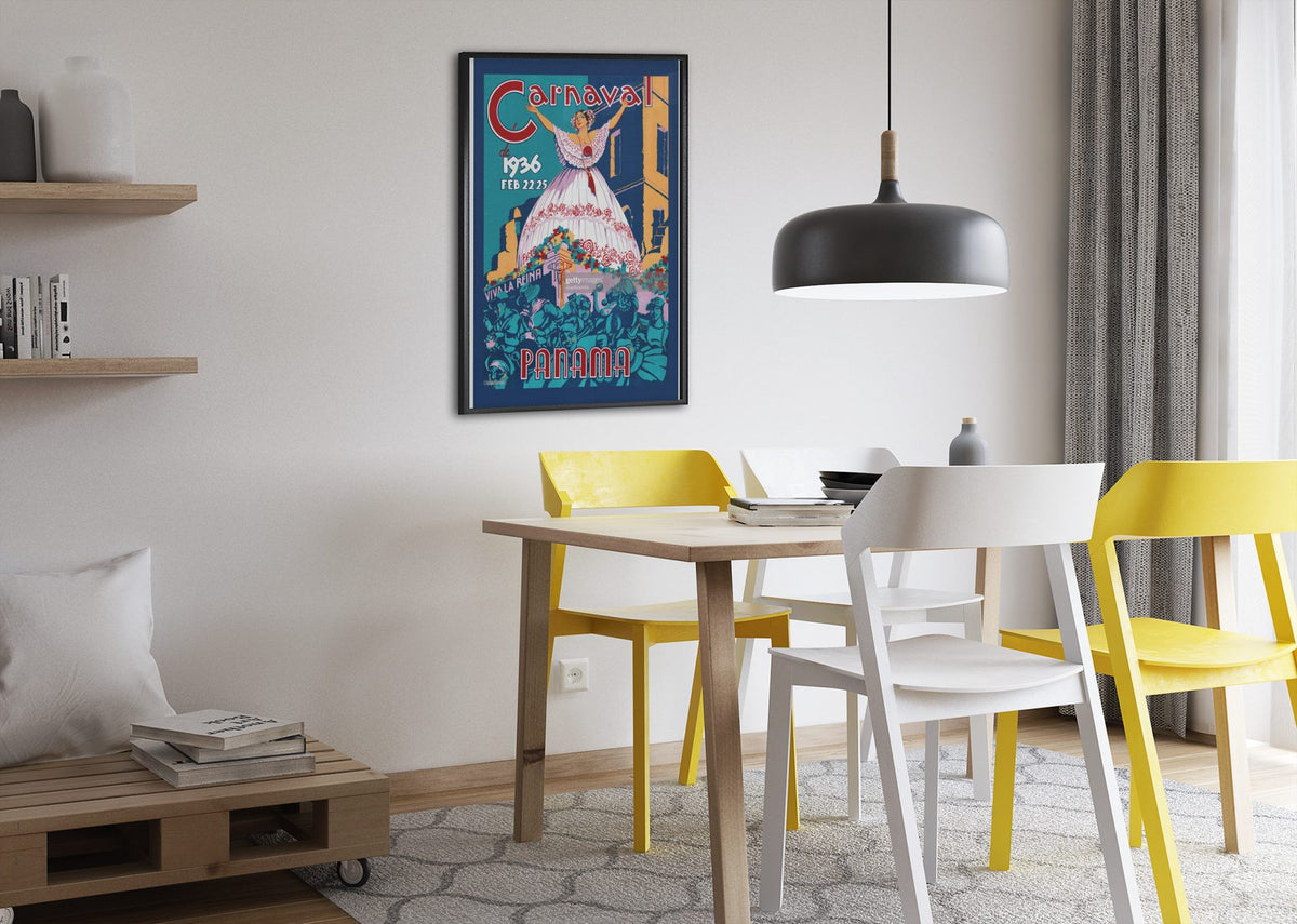 Carnaval Panama 1936 poster framed above a dining table