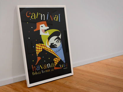 Carnival Havana 1952 poster in a white frame leaning against a wall