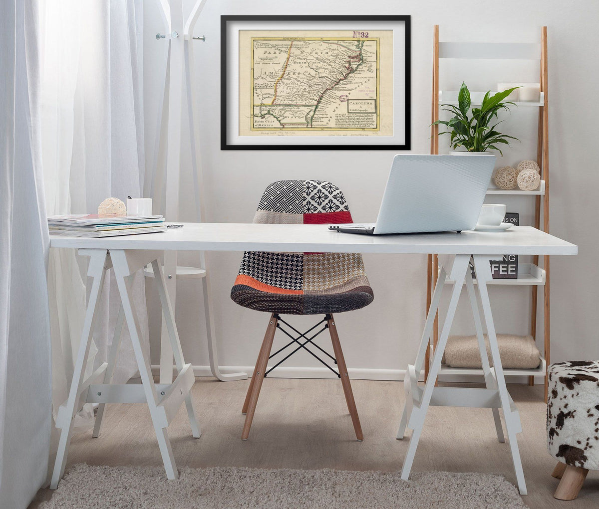 Carolina 1732 Map print framed above a white desk in a home office