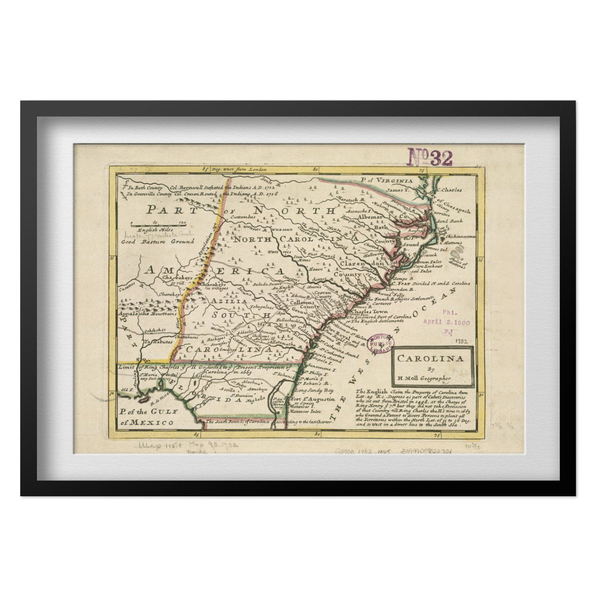 Carolina 1732 Map print in a black frame with a white mat