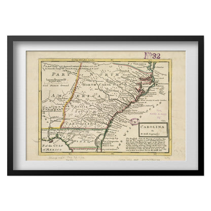 Carolina 1732 Map print in a black frame with a white mat