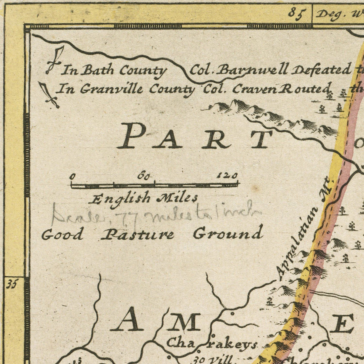 Close-up detail of the Carolina 1732 Map