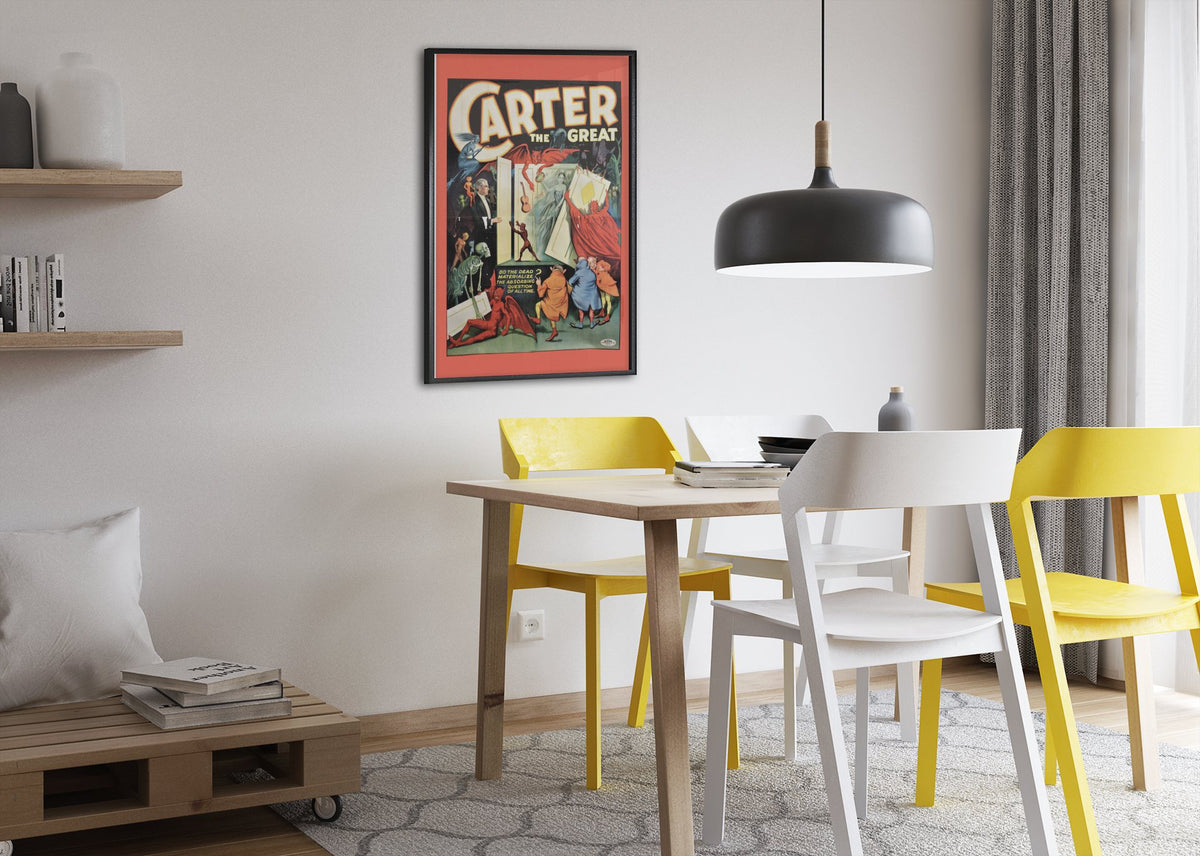 Carter Beats the Devil poster framed above a dining table