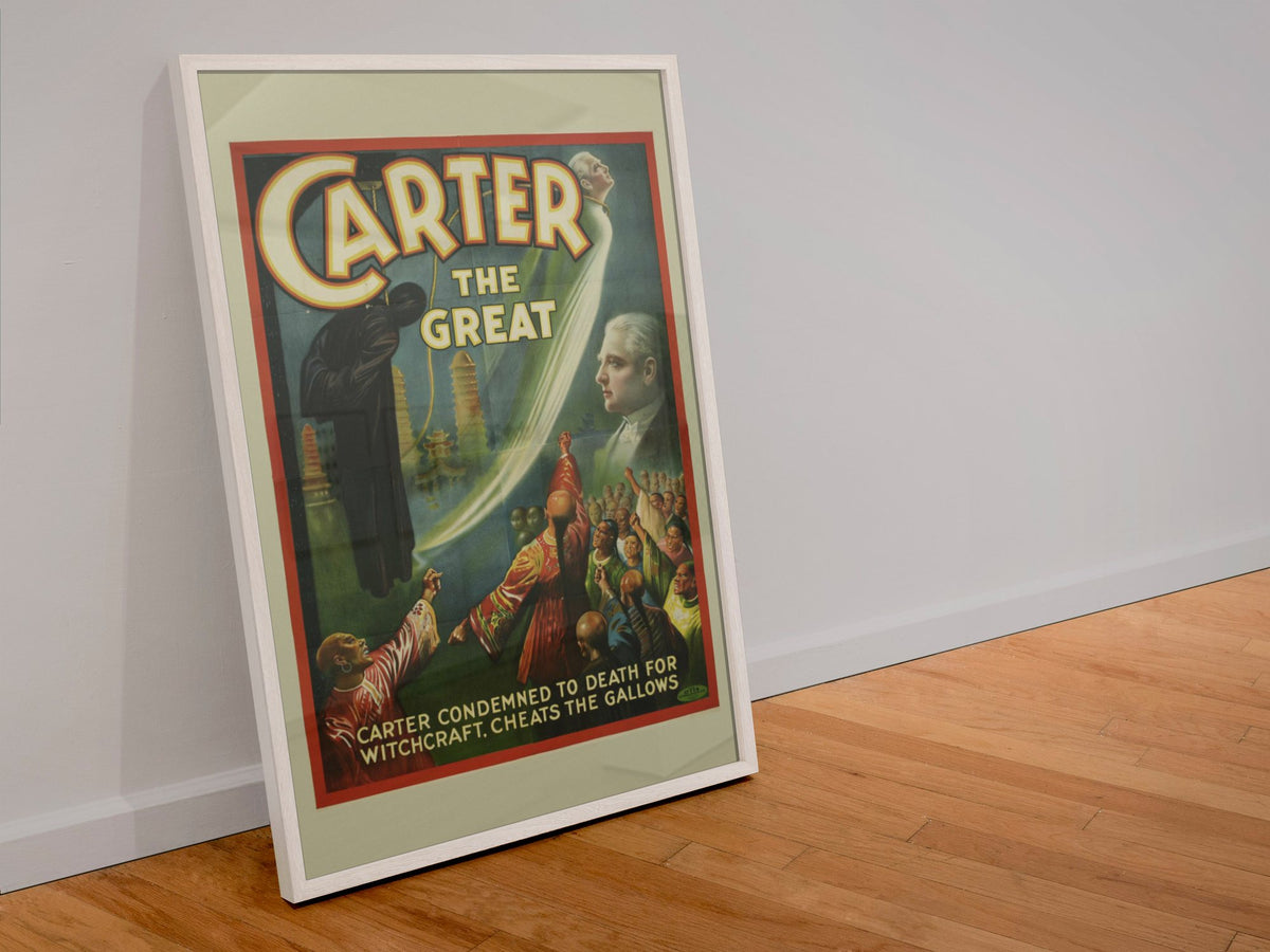 Carter the Great Condemned for Witchcraft poster in a white frame leaning against a wall