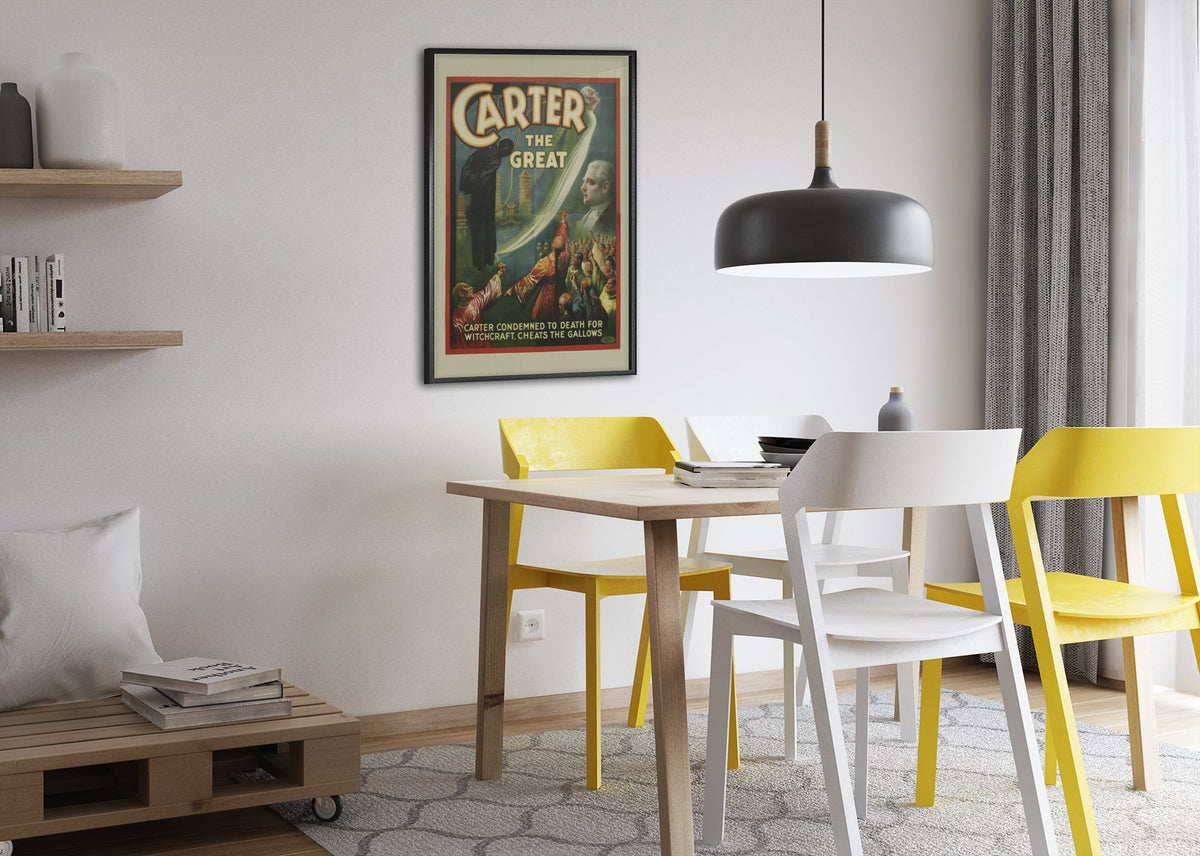 Carter the Great Condemned for Witchcraft poster framed above a dining table