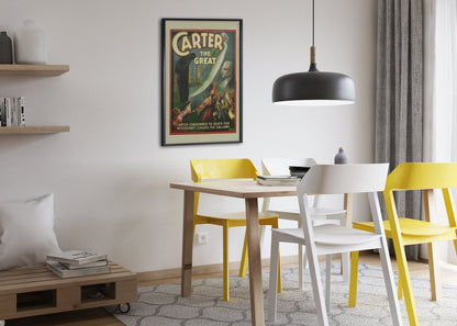Carter the Great Condemned for Witchcraft poster framed above a dining table