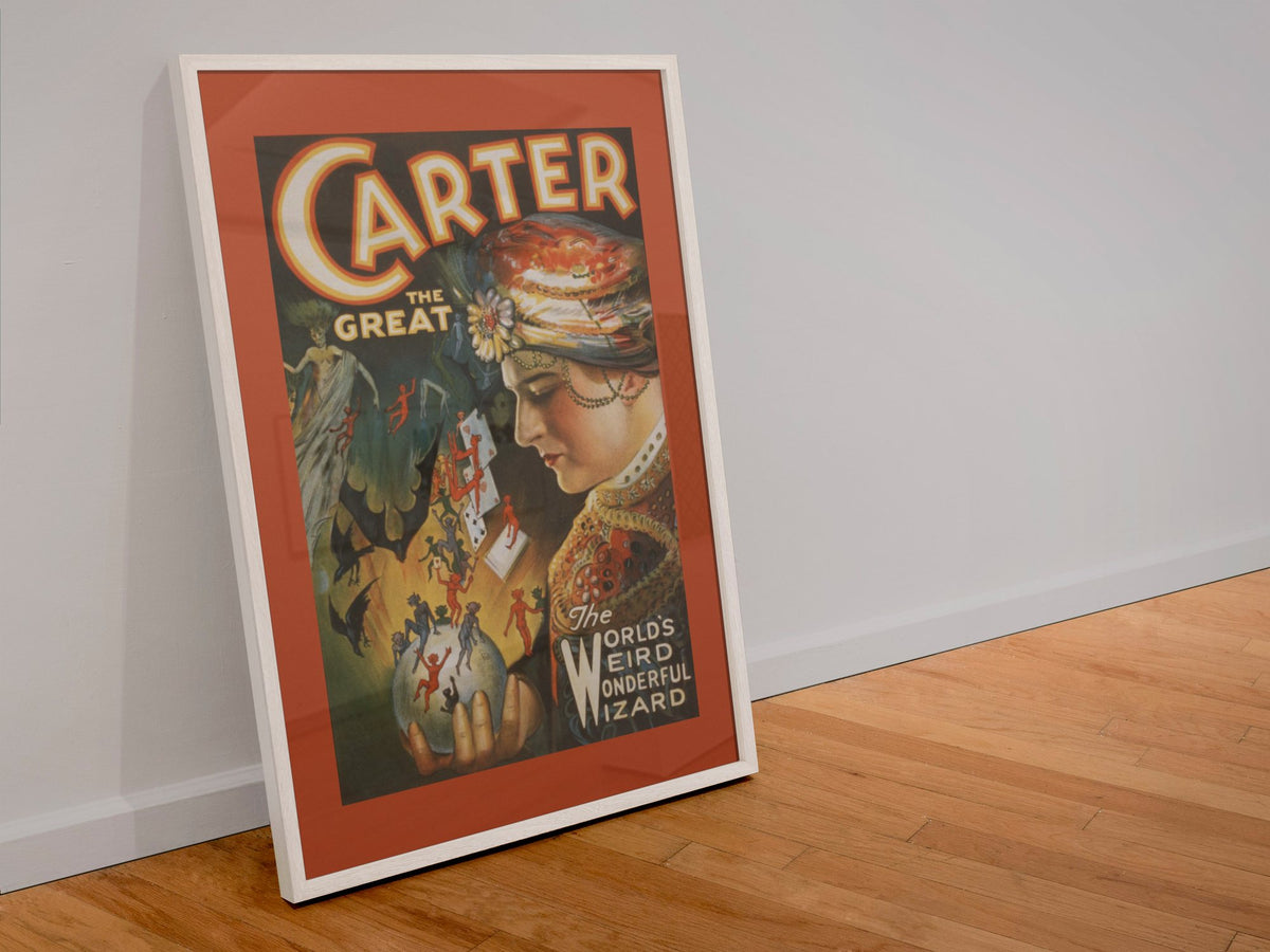 Carter the Great Weird Wonderful Wizard poster in a white frame leaning against a wall