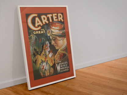 Carter the Great Weird Wonderful Wizard poster in a white frame leaning against a wall